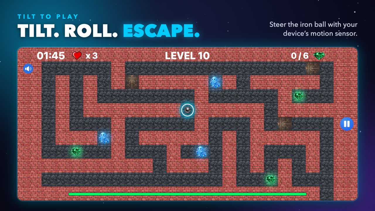 Level 10: the iron ball in a red brick maze with blue ghosts and green gems