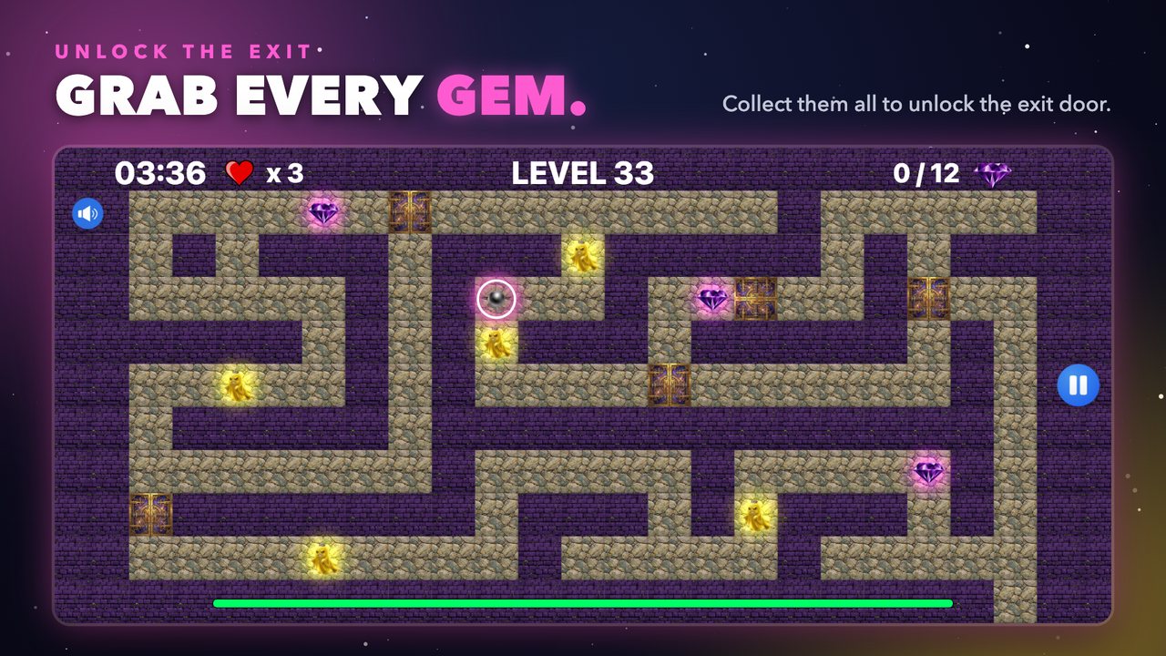 Level 33: purple maze with gems to collect before the exit opens